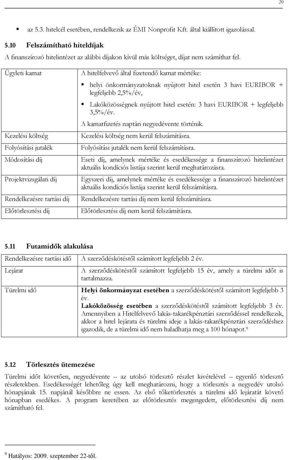 önkormányzatoknak nyújtott hitel esetén 3 havi EURIBOR + legfeljebb 2,5%/év, Lakóközösségnek nyújtott hitel esetén: 3 havi EURIBOR + legfeljebb 3,5%/év. A kamatfizetés naptári negyedévente történik.