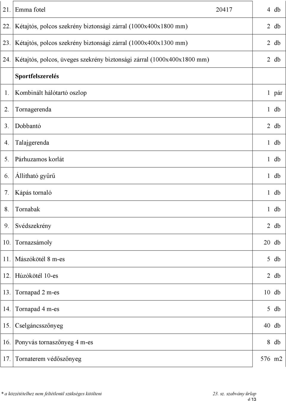 Talajgerenda 1 db 5. Párhuzamos korlát 1 db 6. Állítható gyűrű 1 db 7. Kápás tornaló 1 db 8. Tornabak 1 db 9. Svédszekrény 2 db 10. Tornazsámoly 20 db 11.