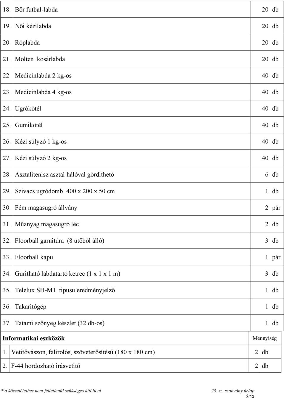 Fém magasugró állvány 2 pár 31. Műanyag magasugró léc 2 db 32. Floorball garnitúra (8 ütőből álló) 3 db 33. Floorball kapu 1 pár 34. Guritható labdatartó ketrec (1 x 1 x 1 m) 3 db 35.