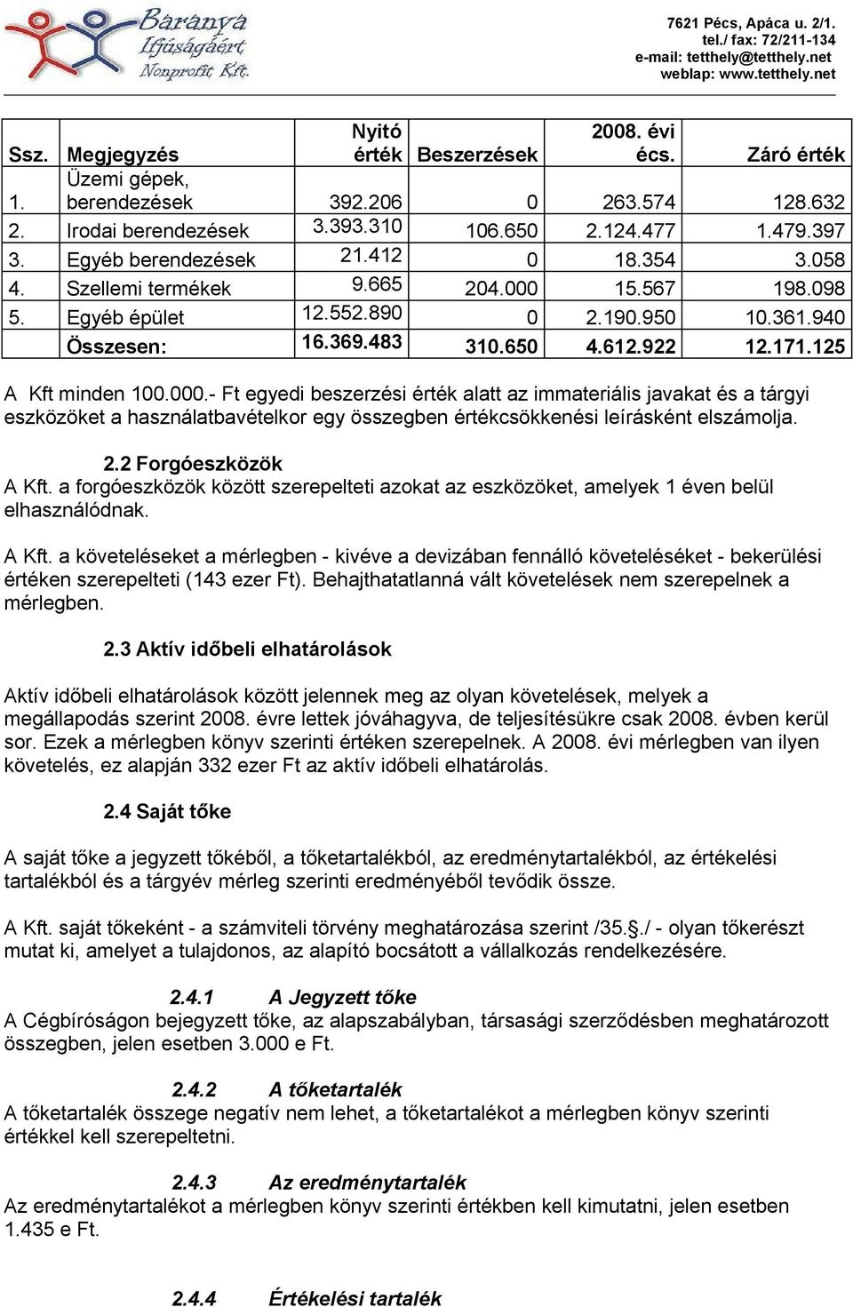 125 A Kft minden 100.000.- Ft egyedi beszerzési érték alatt az immateriális javakat és a tárgyi eszközöket a használatbavételkor egy összegben értékcsökkenési leírásként elszámolja. 2.