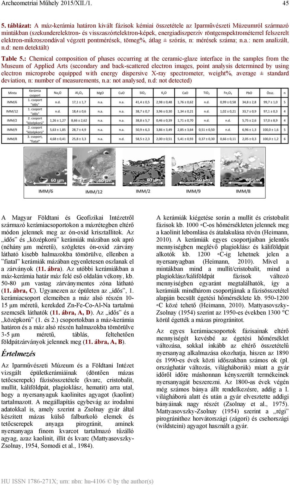 : Chemical composition of phases occurring at the ceramic-glaze interface in the samples from the Museum of Applied Arts (secondary and back-scattered electron images, point analysis determined by