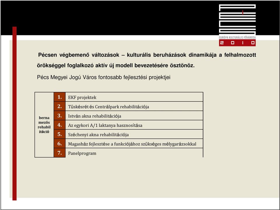 Tüskésrét és Centrálpark rehabilitációja berna mezős rehabil itáció 3. István akna rehabilitációja 4.