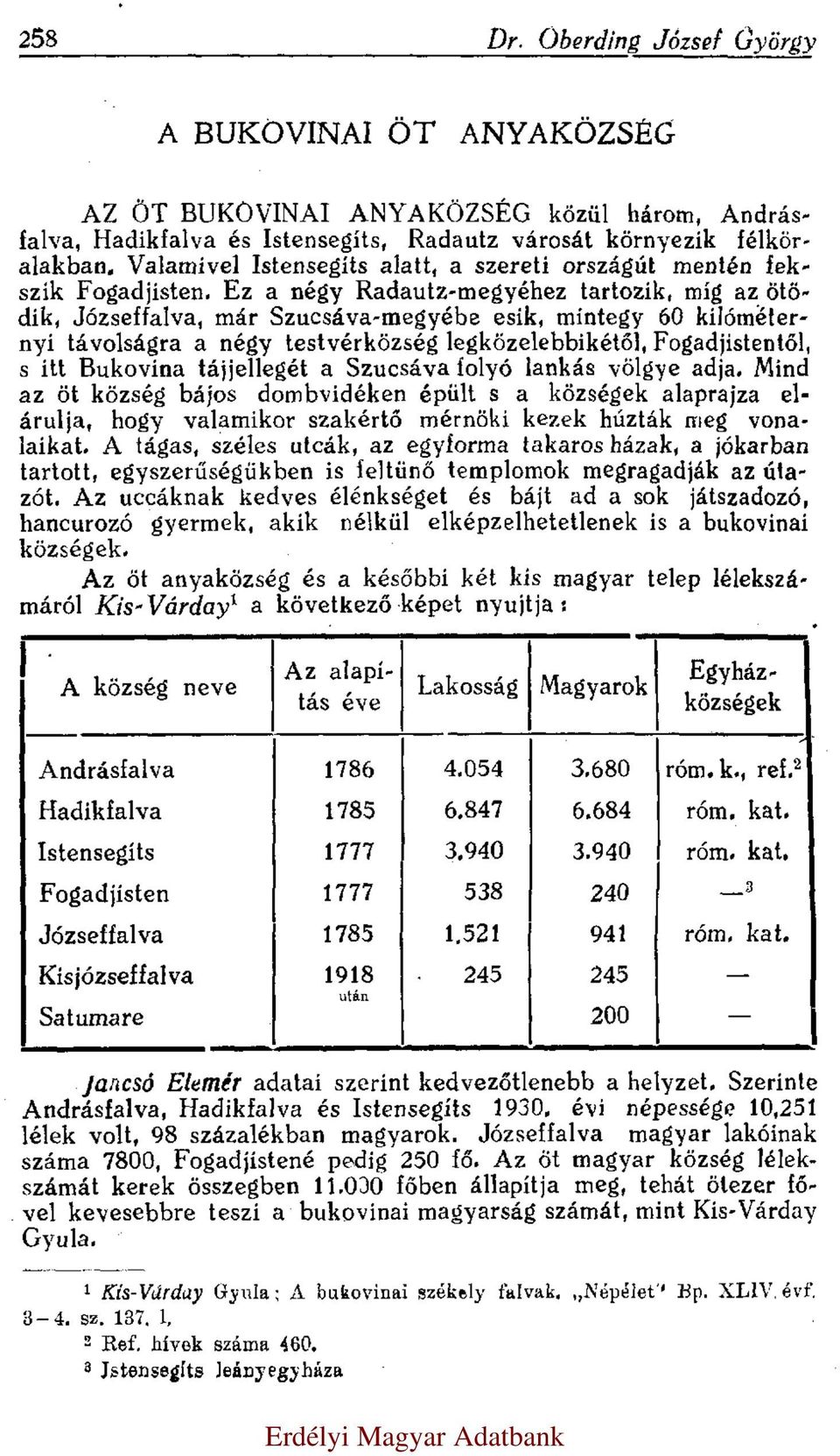 Ez a négy Radautz-megyéhez tartozik, míg az ötödik, Józseffalva, már Szucsáva-megyébe esik, mintegy 60 kilóméternyi távolságra a négy testvérközség legközelebbikétől, Fogadjistentől, s itt Bukovina