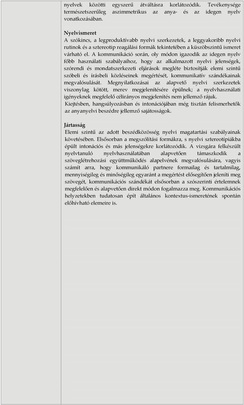 A kommunikáció során, oly módon igazodik az idegen nyelv főbb használati szabályaihoz, hogy az alkalmazott nyelvi jelenségek, szórendi és mondatszerkezeti eljárások megléte biztosítják elemi szintű