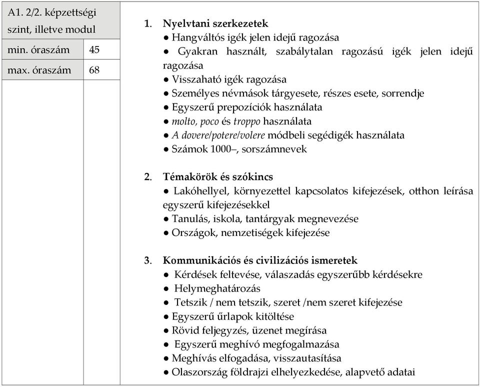 Egyszerű prepozíciók használata molto, poco és troppo használata A dovere/potere/volere módbeli segédigék használata Számok 1000, sorszámnevek Lakóhellyel, környezettel kapcsolatos kifejezések,