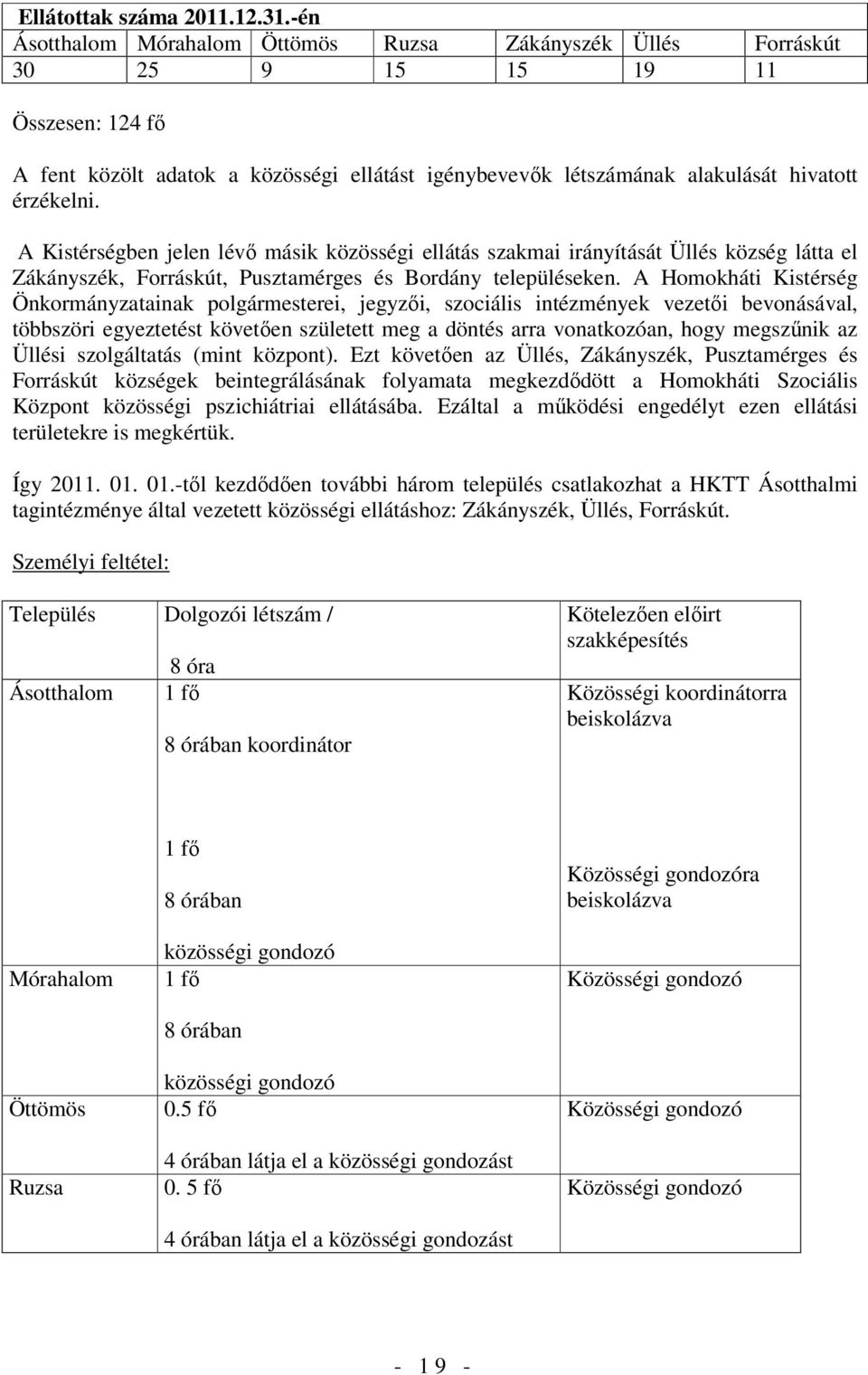 A Kistérségben jelen lévı ásik közösségi ellátás szakai irányítását Üllés község látta el Zákányszék, Forráskút, Pusztaérges és Bordány településeken.