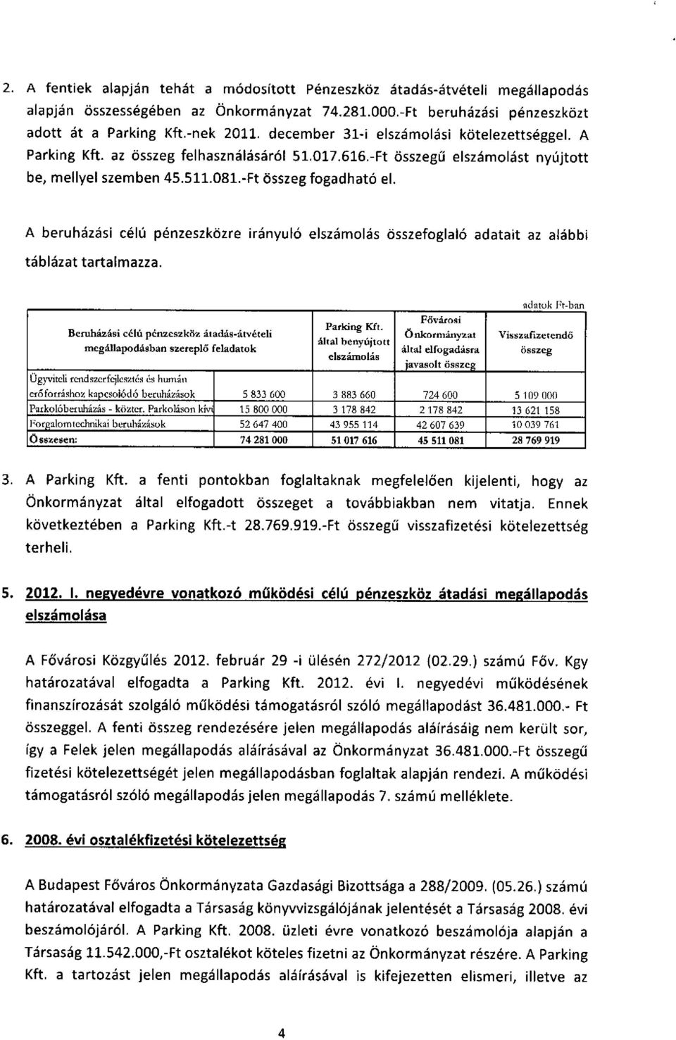 A beruházási célú pénzeszközre irányuló elszámolás összefoglaló adatait az alábbi táblázat tartalmazza.