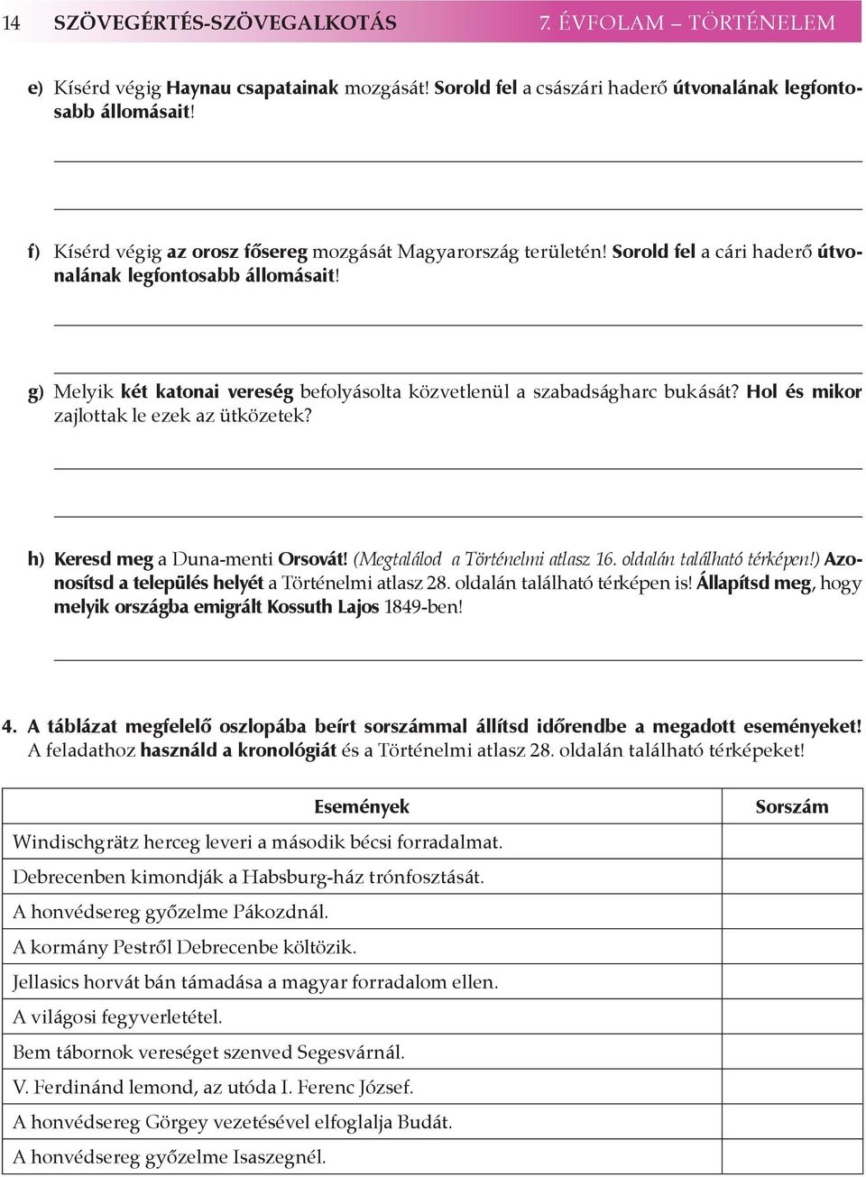 g) Melyik két katonai vereség befolyásolta közvetlenül a szabadságharc bukását? Hol és mikor zajlottak le ezek az ütközetek? h) Keresd meg a Duna-menti Orsovát! (Megtalálod a Történelmi atlasz 16.