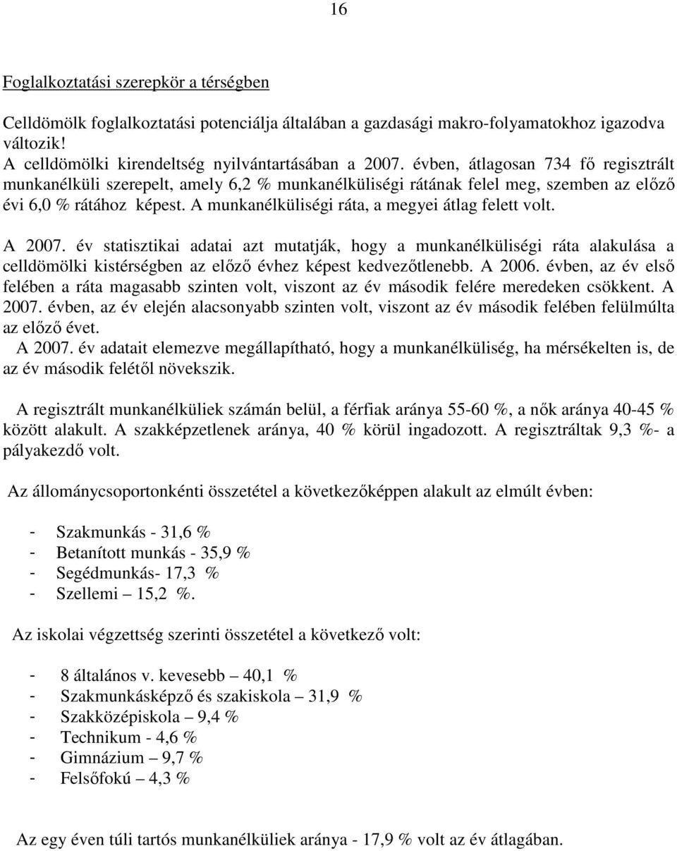 A munkanélküliségi ráta, a megyei átlag felett volt. A 2007.