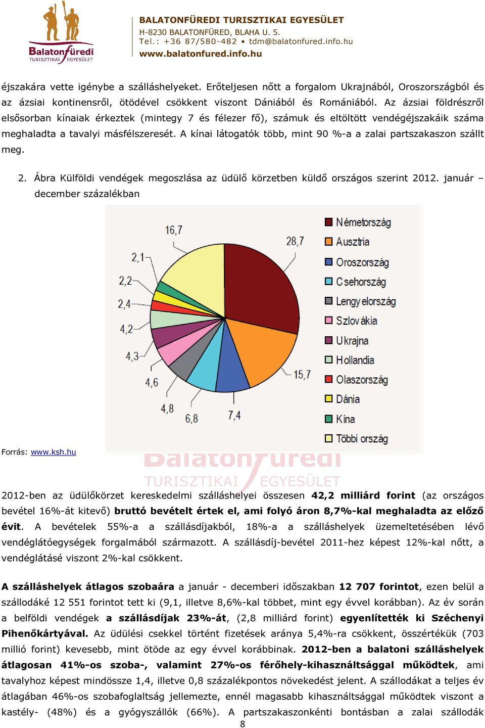 A kínai látogatók több, mint 90 %-a a zalai partszakaszon szállt meg. 2. Ábra Külföldi vendégek megoszlása az üdülő körzetben küldő országos szerint 2012. január december százalékban Forrás: www.ksh.