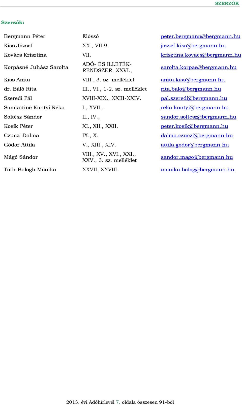 balo@bergmann.hu Szeredi Pál XVIII-XIX., XXIII-XXIV. pal.szeredi@bergmann.hu Somkutiné Kontyi Réka I., XVII., reka.kontyi@bergmann.hu Soltész Sándor II., IV., sandor.soltesz@bergmann.