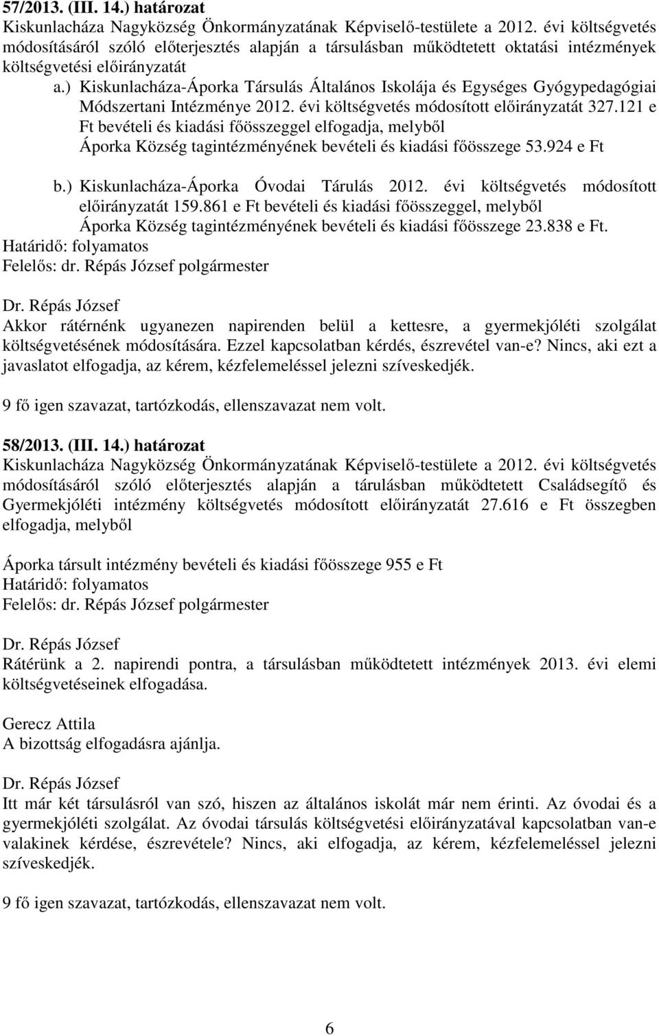 ) Kiskunlacháza-Áporka Társulás Általános Iskolája és Egységes Gyógypedagógiai Módszertani Intézménye 2012. évi költségvetés módosított előirányzatát 327.