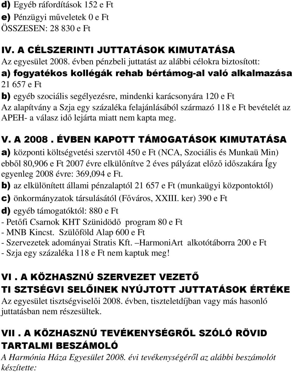 alapítvány a Szja egy százaléka felajánlásából származó 118 e Ft bevételét az APEH- a válasz idő lejárta miatt nem kapta meg. V. A 2008.