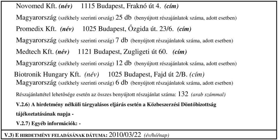(cím) Magyarország (székhely szerinti ország) 12 db (benyújtott részajánlatok száma, adott esetben) Biotronik Hungary Kft. (név) 1025 Budapest, Fajd út 2/B.