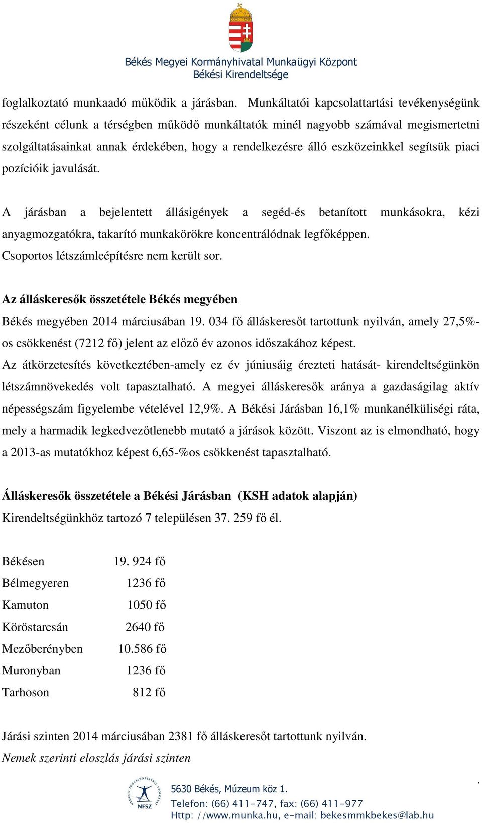 munkakörökre koncentrálódnak legfőképpen Csoportos létszámleépítésre nem került sor Az álláskeresők összetétele Békés megyében Békés megyében 2014 márciusában 19 034 fő álláskeresőt tartottunk