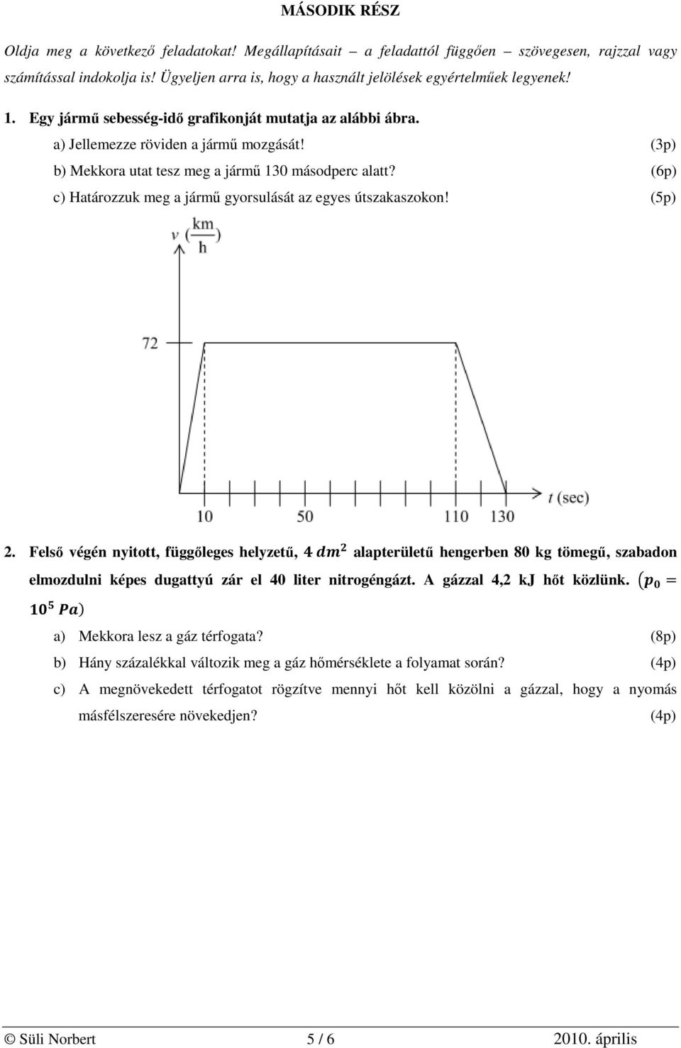 (3p) b) Mekkora utat tesz meg a jármű 130 másodperc alatt? (6p) c) Határozzuk meg a jármű gyorsulását az egyes útszakaszokon! (5p) 2.