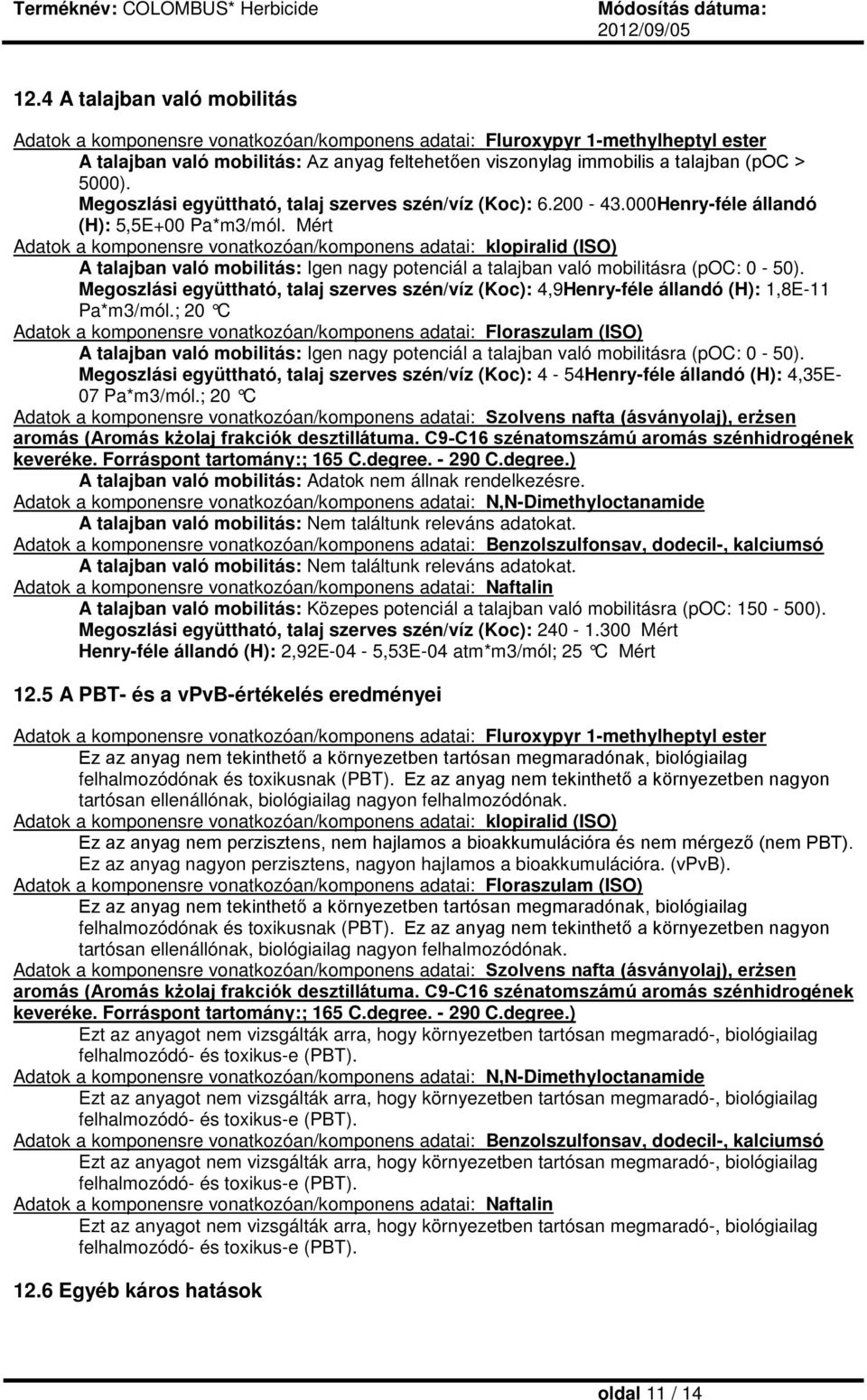 Mért Adatok a komponensre vonatkozóan/komponens adatai: klopiralid (ISO) A talajban való mobilitás: Igen nagy potenciál a talajban való mobilitásra (poc: 0-50).