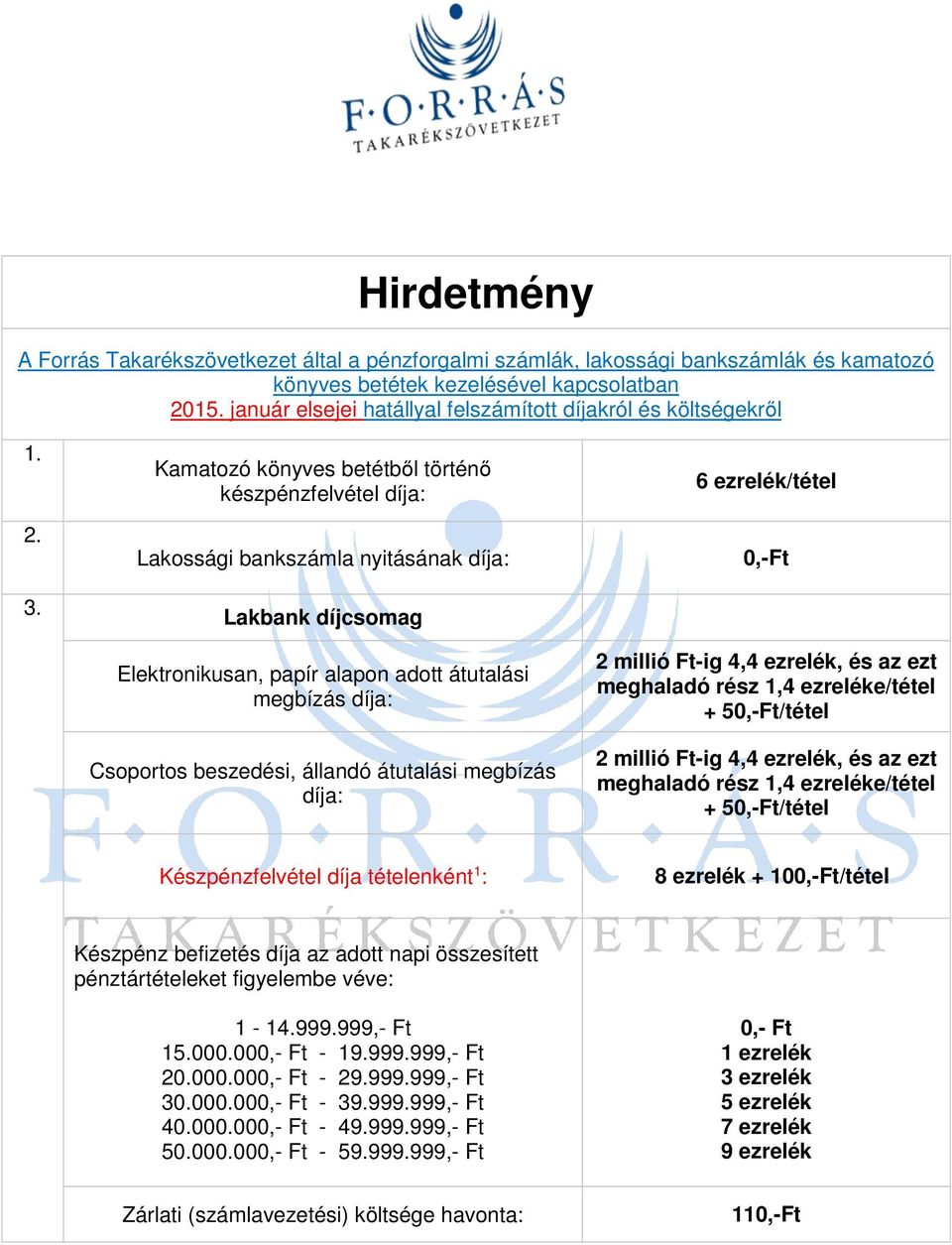 Kamatozó könyves betétből történő készpénzfelvétel díja: Lakossági bankszámla nyitásának díja: Lakbank díjcsomag Elektronikusan, papír alapon adott átutalási megbízás díja: Csoportos beszedési,