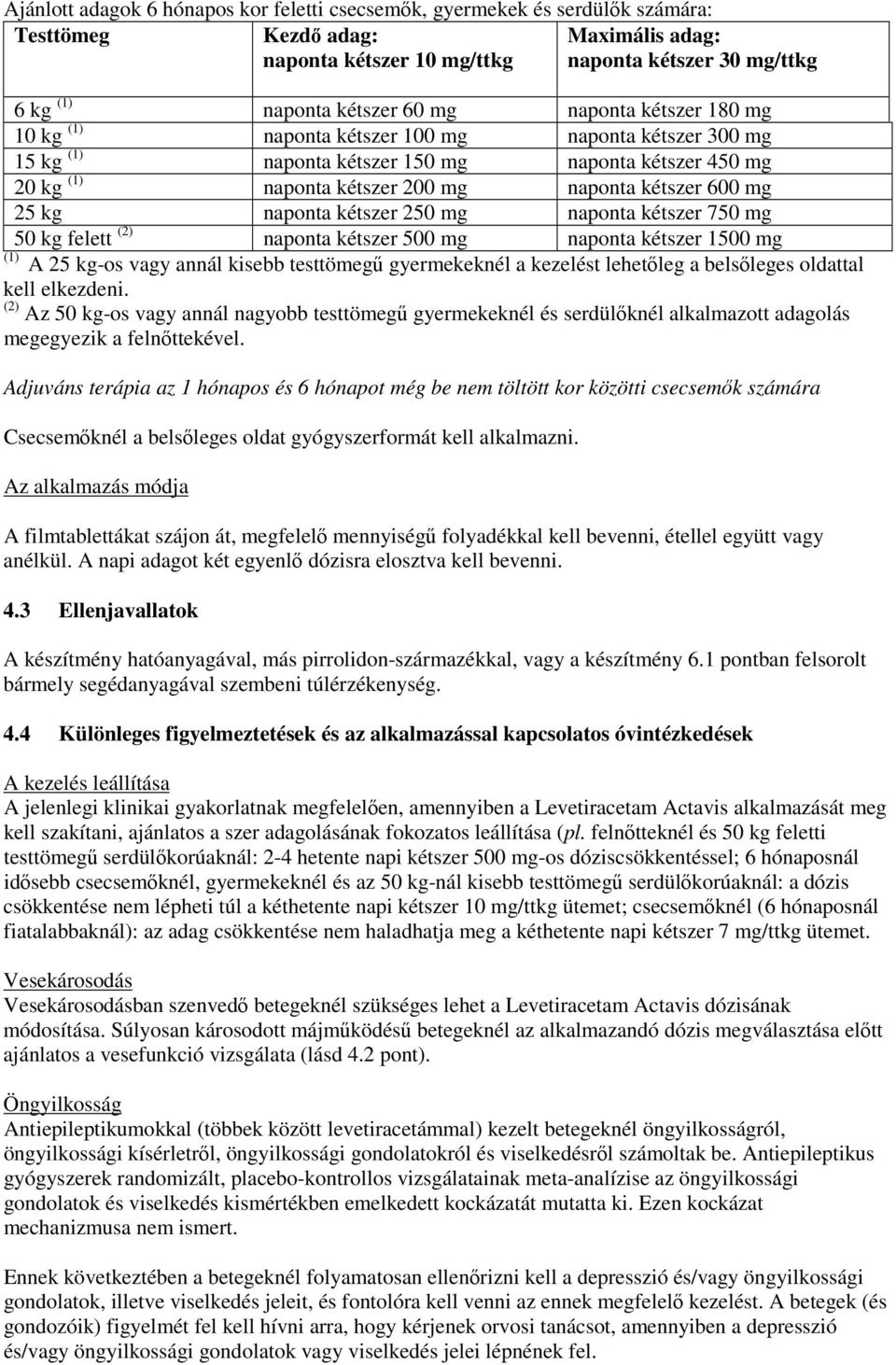 naponta kétszer 250 mg naponta kétszer 750 mg 50 kg felett (2) naponta kétszer 500 mg naponta kétszer 1500 mg (1) A 25 kg-os vagy annál kisebb testtömegű gyermekeknél a kezelést lehetőleg a