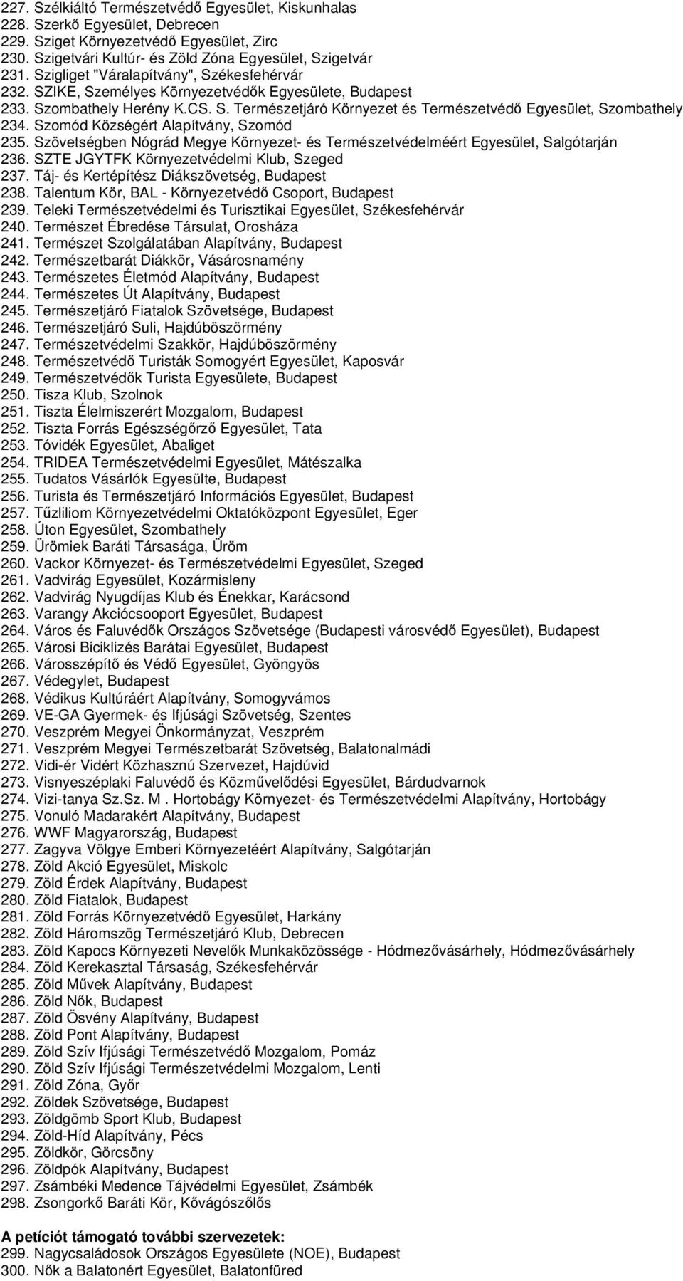 Szomód Községért Alapítvány, Szomód 235. Szövetségben Nógrád Megye Környezet- és Természetvédelméért Egyesület, Salgótarján 236. SZTE JGYTFK Környezetvédelmi Klub, Szeged 237.