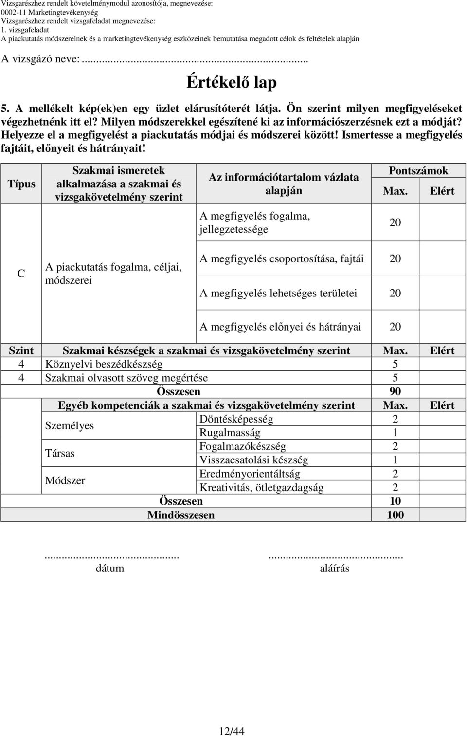 Típus Szakmai ismeretek alkalmazása a szakmai és vizsgakövetelmény szerint Az információtartalom vázlata Pontszámok Max.