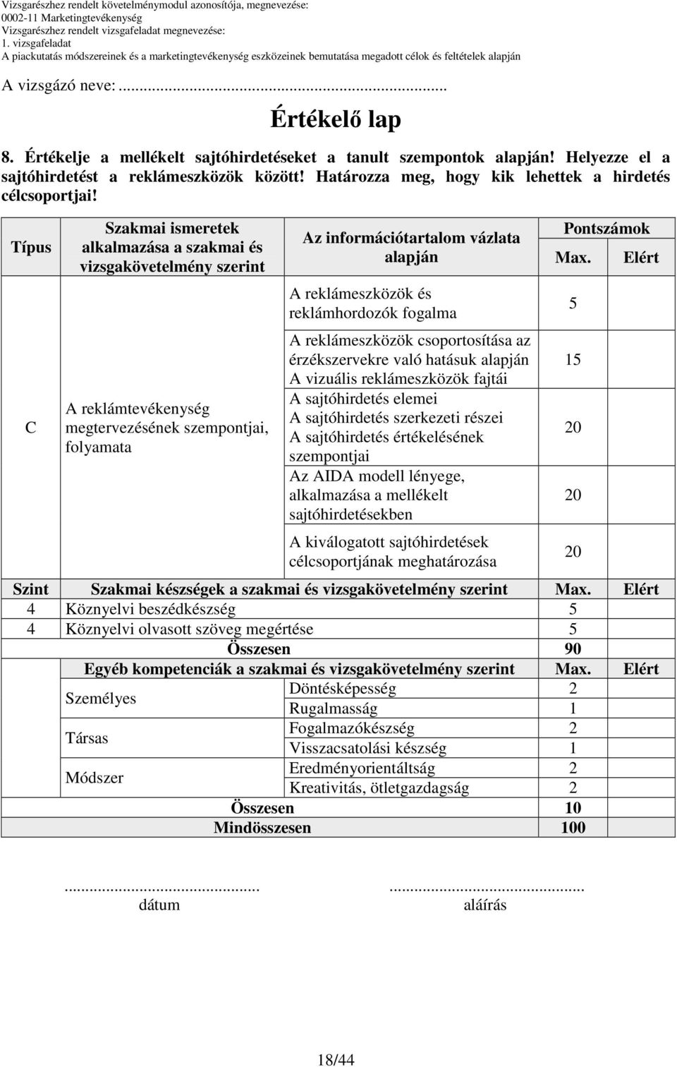 Típus C Szakmai ismeretek alkalmazása a szakmai és vizsgakövetelmény szerint A reklámtevékenység megtervezésének szempontjai, folyamata Az információtartalom vázlata A reklámeszközök és