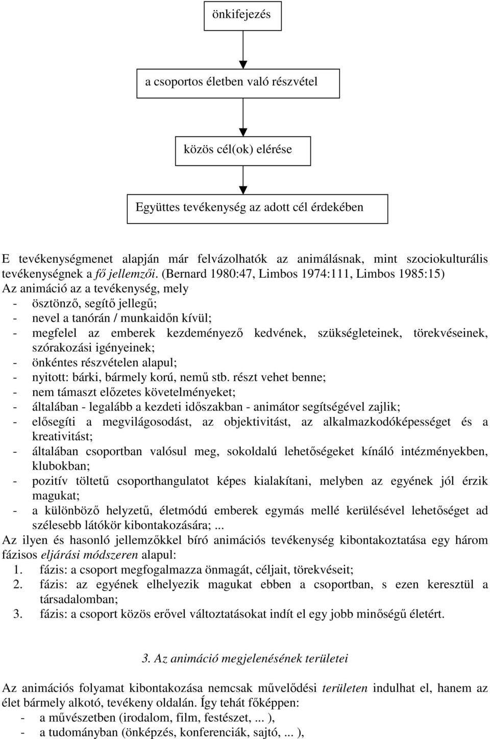 (Bernard 1980:47, Limbos 1974:111, Limbos 1985:15) Az animáció az a tevékenység, mely - ösztönző, segítő jellegű; - nevel a tanórán / munkaidőn kívül; - megfelel az emberek kezdeményező kedvének,