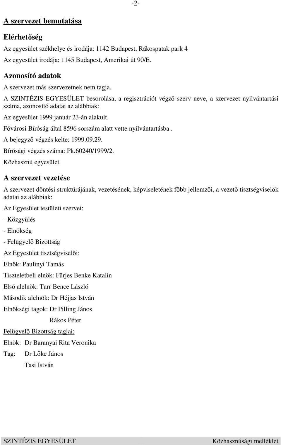 A besorolása, a regisztrációt végző szerv neve, a szervezet nyilvántartási száma, azonosító adatai az alábbiak: Az egyesület 1999 január 23-án alakult.