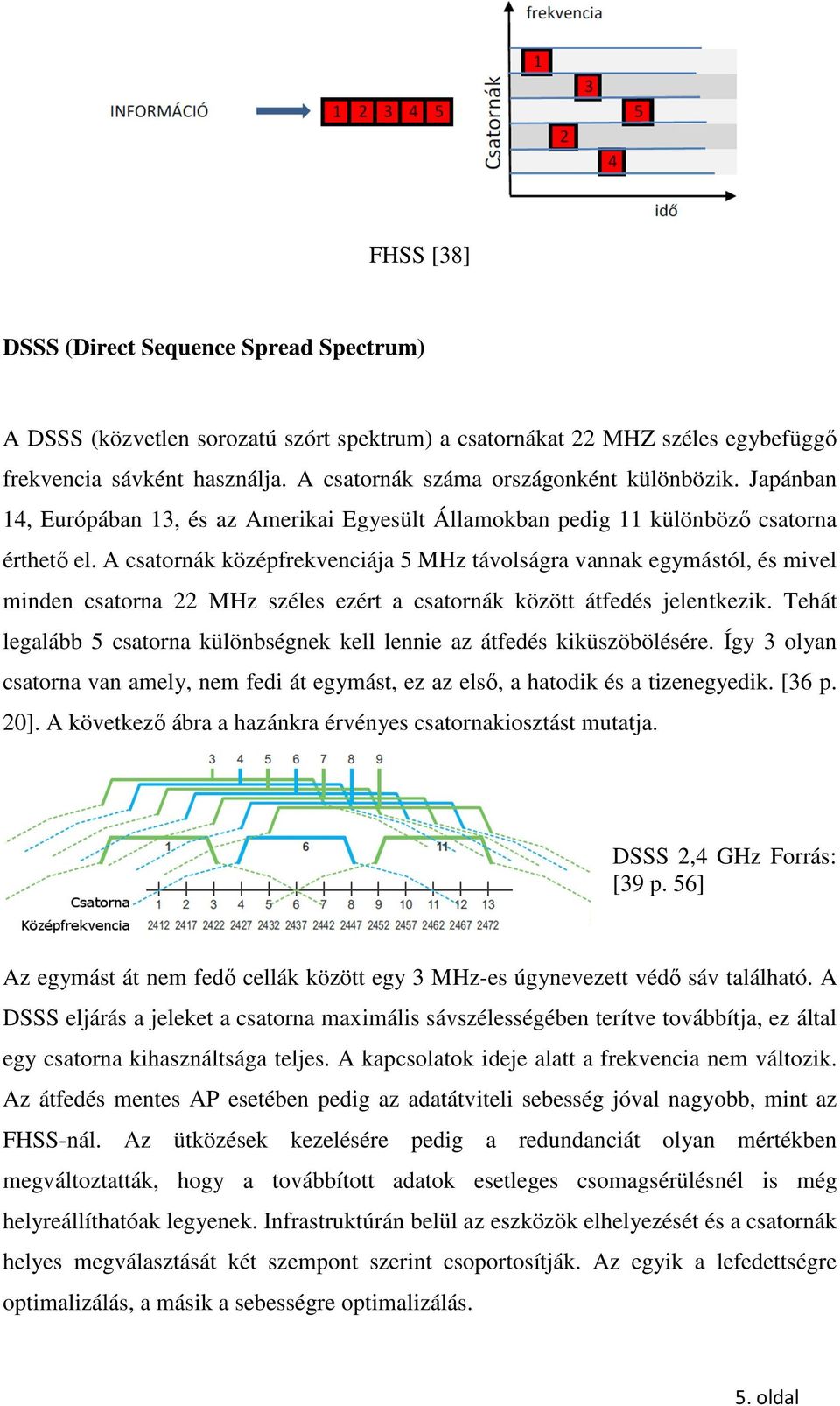 A csatornák középfrekvenciája 5 MHz távolságra vannak egymástól, és mivel minden csatorna 22 MHz széles ezért a csatornák között átfedés jelentkezik.