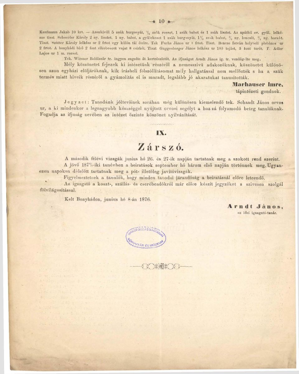 A bonyhádi bitó 2 font elkobozott vajat 8 csirkét. Tiszt Guggeuberger János lelkész ur 100 tojást, 3 tont túrót. T. Adler Lajos ur 1 m. rozsot. Tek. Wiesner Boldizsár tr.