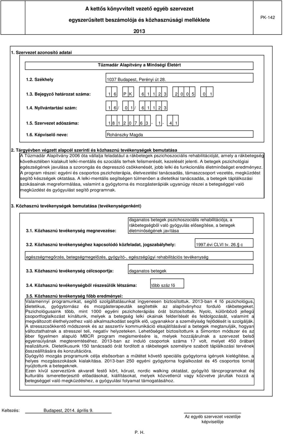 Tárgyévben végzett alapcél szerinti és közhasznú tevékenységek bemutatása A Tűzmadár Alapítvány 2006 óta vállalja feladatául a rákbetegek pszichoszociális rehabilitációját, amely a rákbetegség