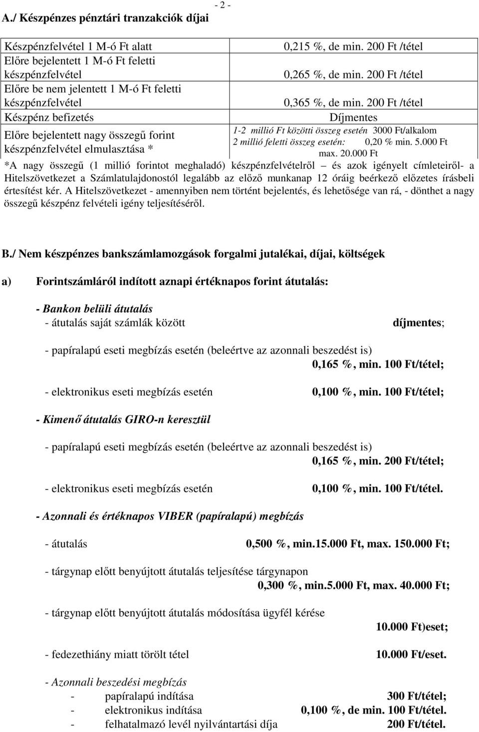 200 Ft /tétel Díjmentes 1-2 millió Ft közötti összeg esetén 3000 Ft/alkalom 2 millió feletti összeg esetén: 0,20 % min. 5.000 Ft max. 20.