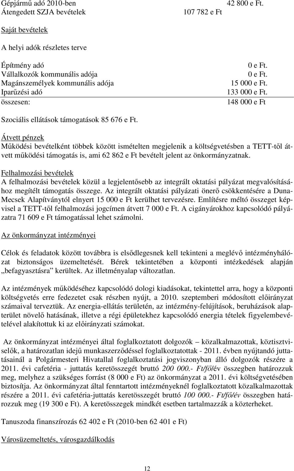 148 000 e Ft Átvett pénzek Mőködési bevételként többek között ismételten megjelenik a költségvetésben a TETT-tıl átvett mőködési támogatás is, ami 62 862 e Ft bevételt jelent az önkormányzatnak.