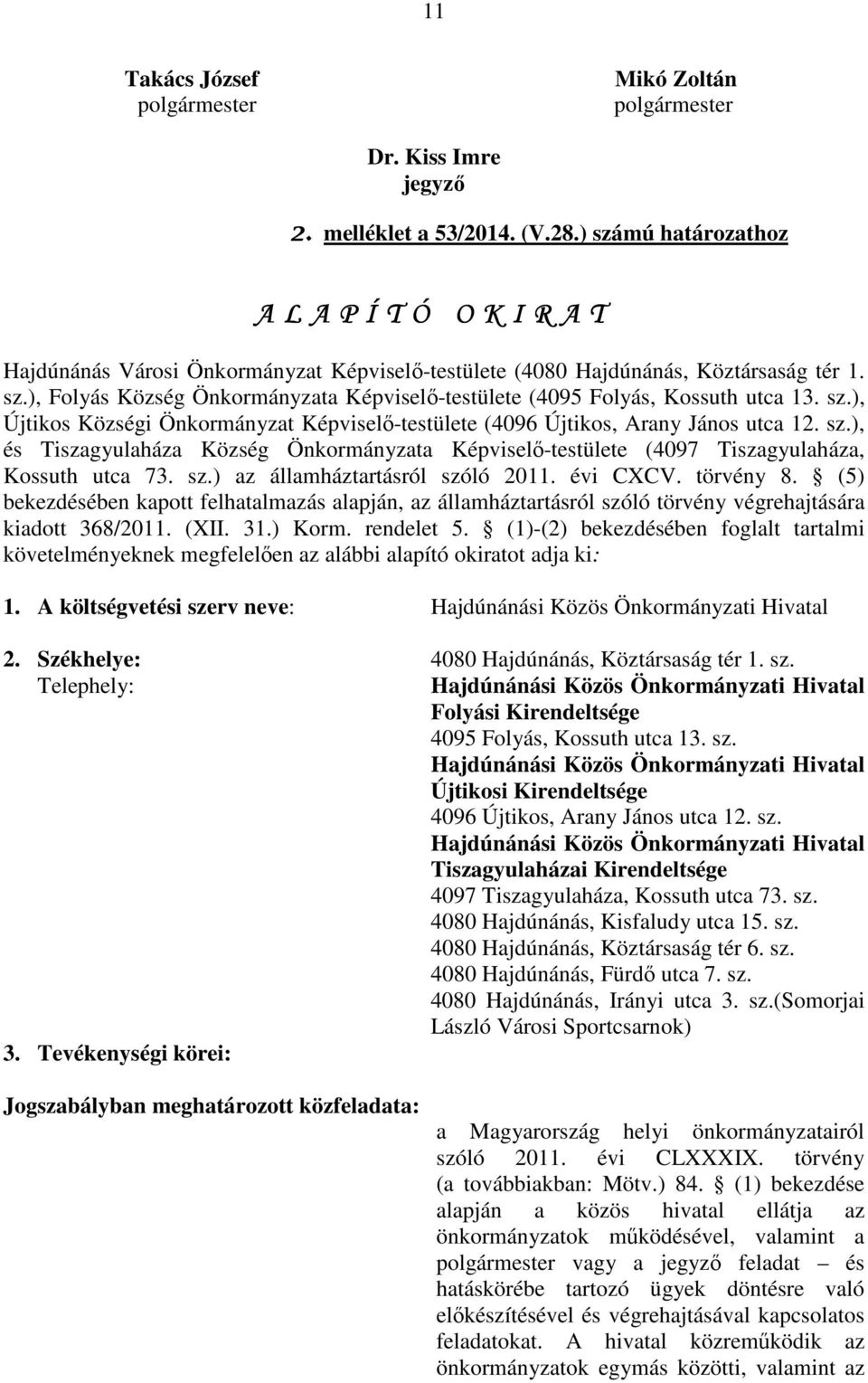 sz.), Újtikos Községi Önkormányzat Képviselő-testülete (4096 Újtikos, Arany János utca 12. sz.), és Tiszagyulaháza Község Önkormányzata Képviselő-testülete (4097 Tiszagyulaháza, Kossuth utca 73. sz.) az államháztartásról szóló 2011.