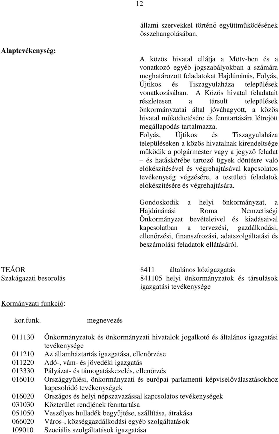 A Közös hivatal feladatait részletesen a társult települések önkormányzatai által jóváhagyott, a közös hivatal működtetésére és fenntartására létrejött megállapodás tartalmazza.