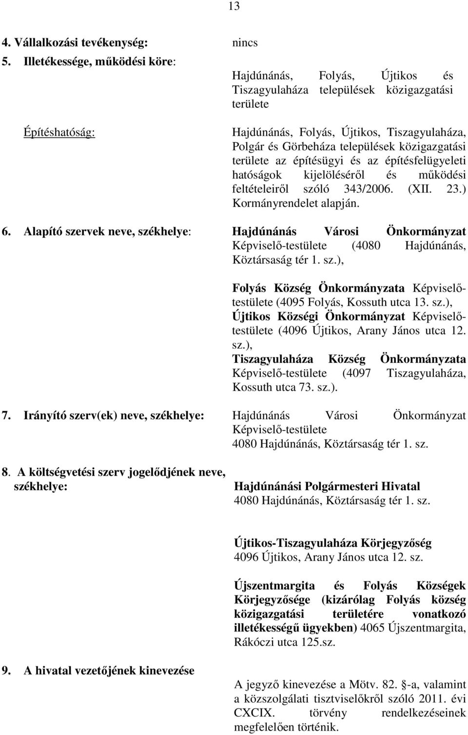 települések közigazgatási területe az építésügyi és az építésfelügyeleti hatóságok kijelöléséről és működési feltételeiről szóló 343/2006. (XII. 23.) Kormányrendelet alapján. 6.