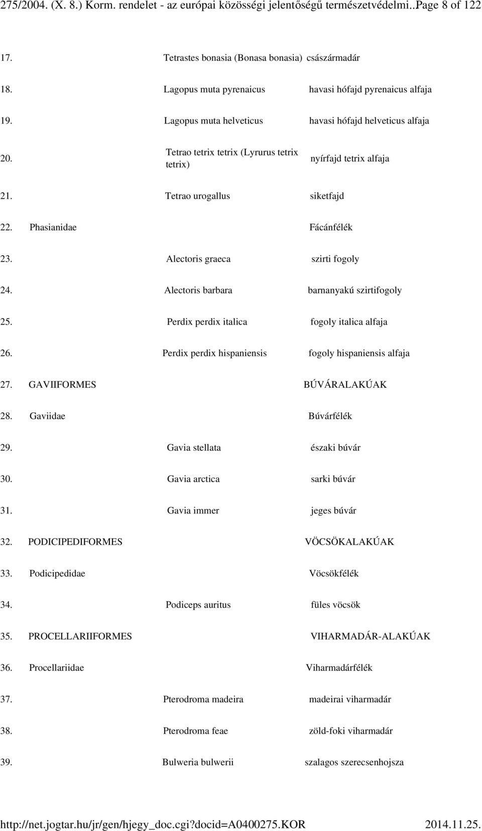 Tetrao urogallus siketfajd 22. Phasianidae Fácánfélék 23. Alectoris graeca szirti fogoly 24. Alectoris barbara barnanyakú szirtifogoly 25. Perdix perdix italica fogoly italica alfaja 26.