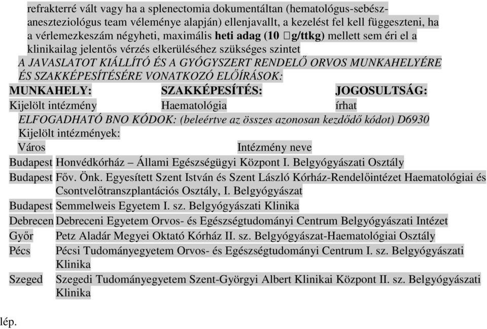 ELİÍRÁSOK: MUNKAHELY: SZAKKÉPESÍTÉS: JOGOSULTSÁG: Kijelölt intézmény Haematológia írhat ELFOGADHATÓ BNO KÓDOK: (beleértve az összes azonosan kezdıdı kódot) D6930 Kijelölt intézmények: Város Intézmény