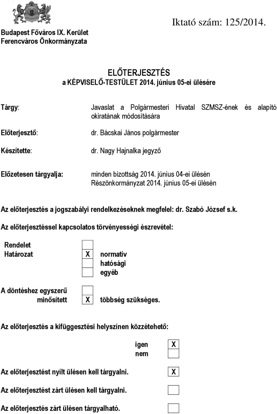 Nagy Hajnalka jegyző Előzetesen tárgyalja: minden bizottság 2014. június 04-ei ülésén Részönkormányzat 2014. június 05-ei ülésén Az előterjesztés a jogszabályi rendelkezéseknek megfelel: dr.