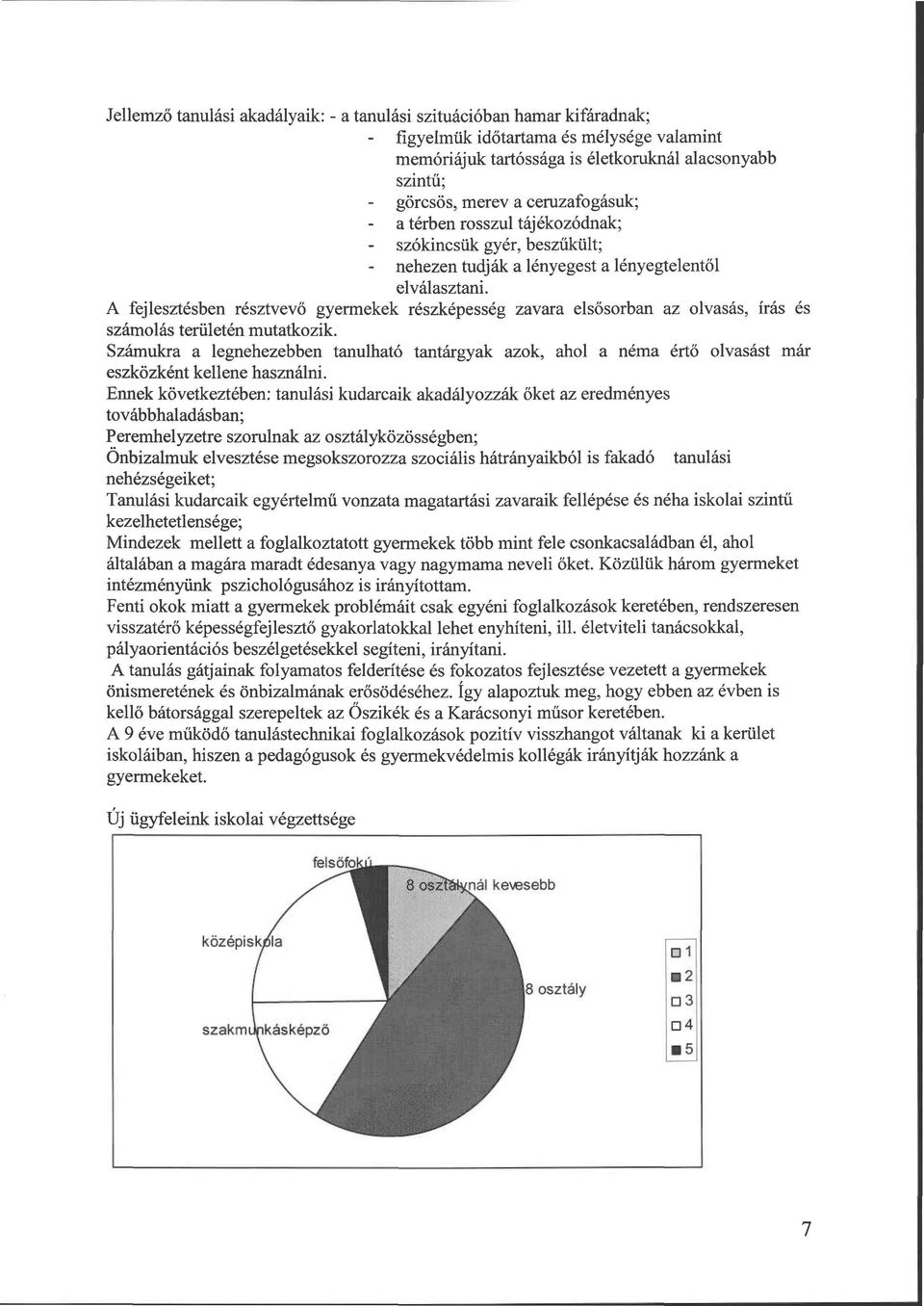 A fejlesztésben résztvevő gyermekek részképesség zavara elsősorban az olvasás, írás és számolás területén mutatkozik.