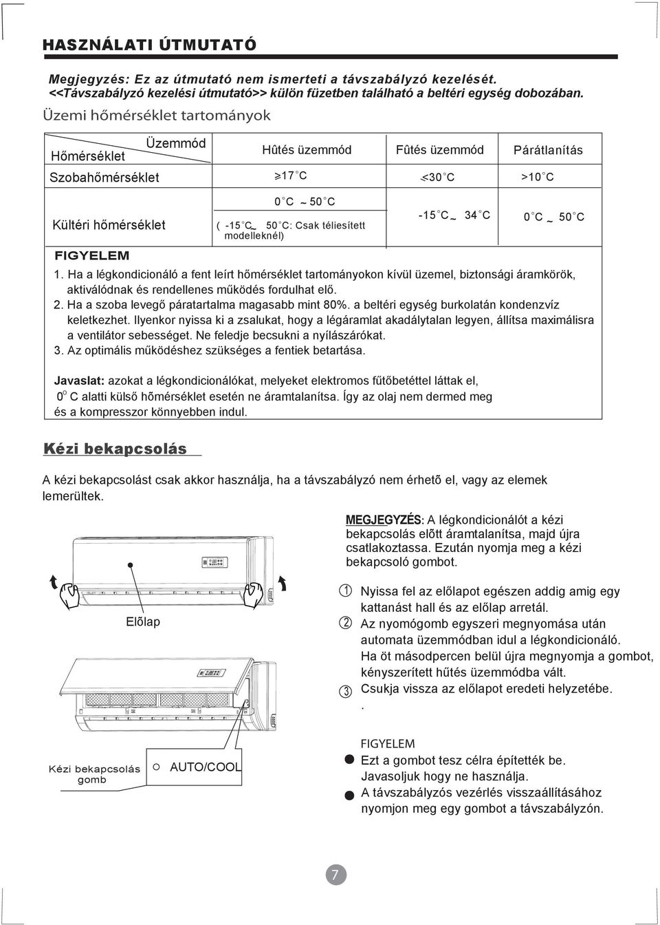 modelleknél) <30 C 1. Ha a légkondicionáló a fent leírt hőmérséklet tartományokon kívül üzemel, biztonsági áramkörök, aktiválódnak és rendellenes működés fordulhat elő. 2.