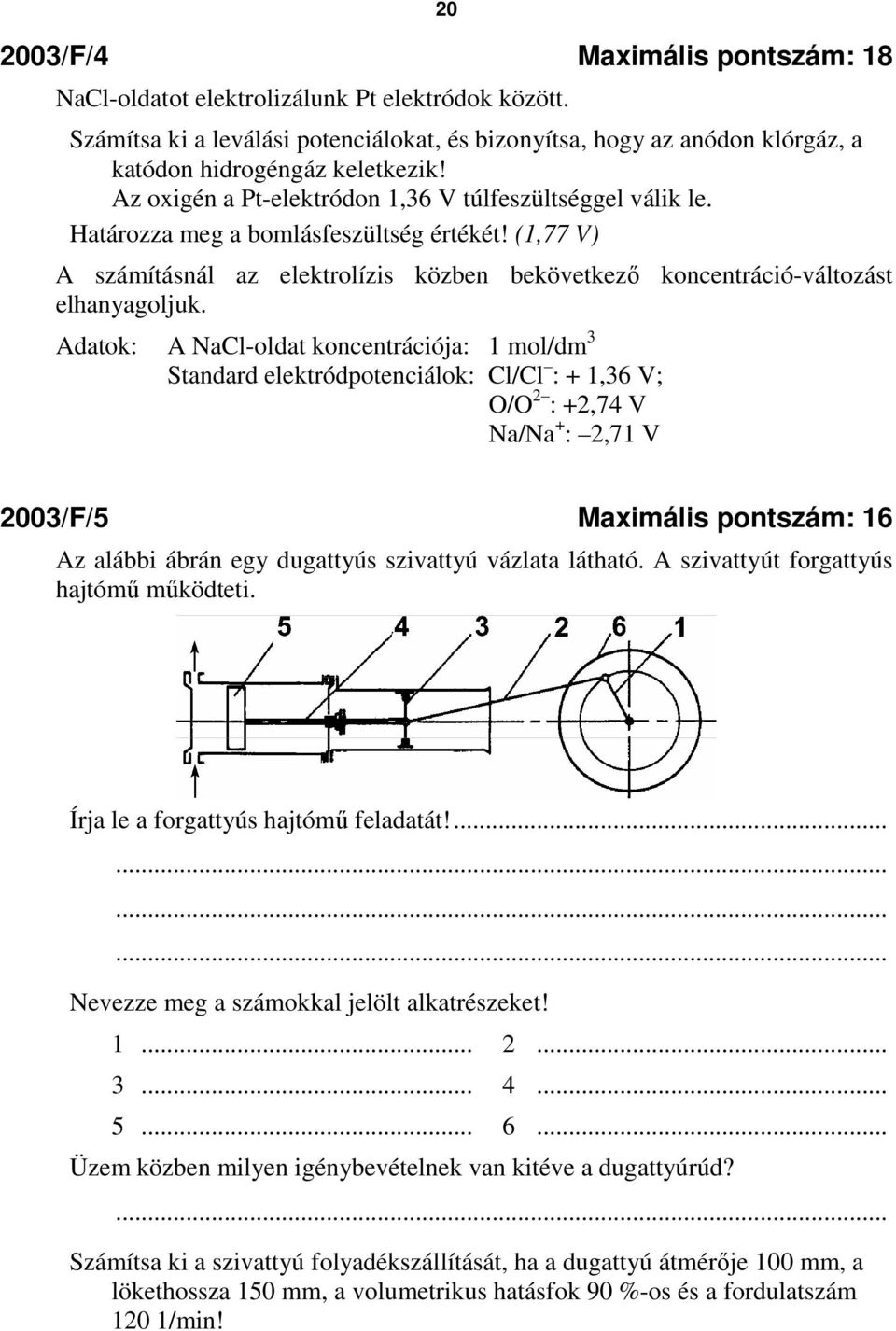 Adatok: A NaCl-oldat koncentrációja: 1 mol/dm 3 Standard elektródpotenciálok: Cl/Cl : + 1,36 V; O/O 2 : +2,74 V Na/Na + : 2,71 V 2003/F/5 Maximális pontszám: 16 Az alábbi ábrán egy dugattyús