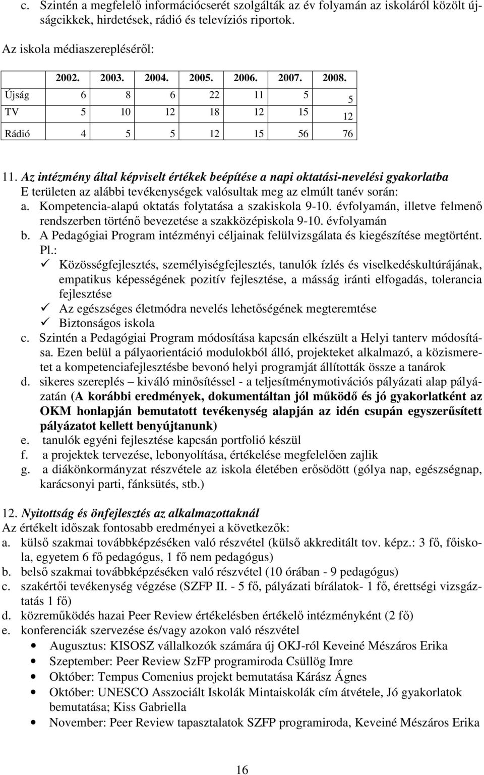 Az intézmény által képviselt értékek beépítése a napi oktatási-nevelési gyakorlatba E területen az alábbi tevékenységek valósultak meg az elmúlt tanév során: a.