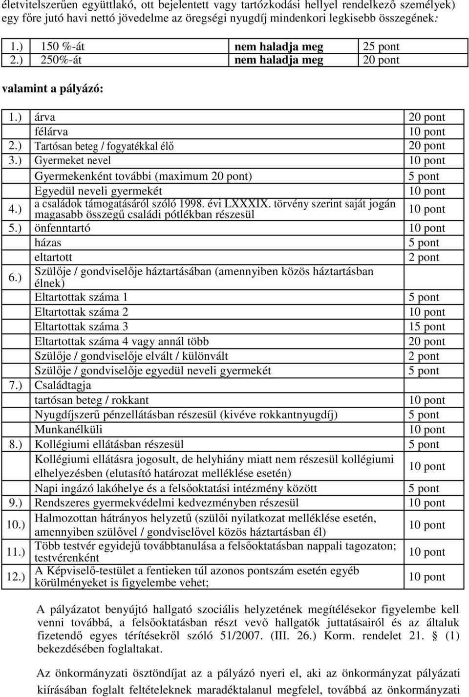 ) Gyermeket nevel Gyermekenként további (maximum 20 pont) Egyedül neveli gyermekét 4.) a családok támogatásáról szóló 1998. évi LXXXIX.