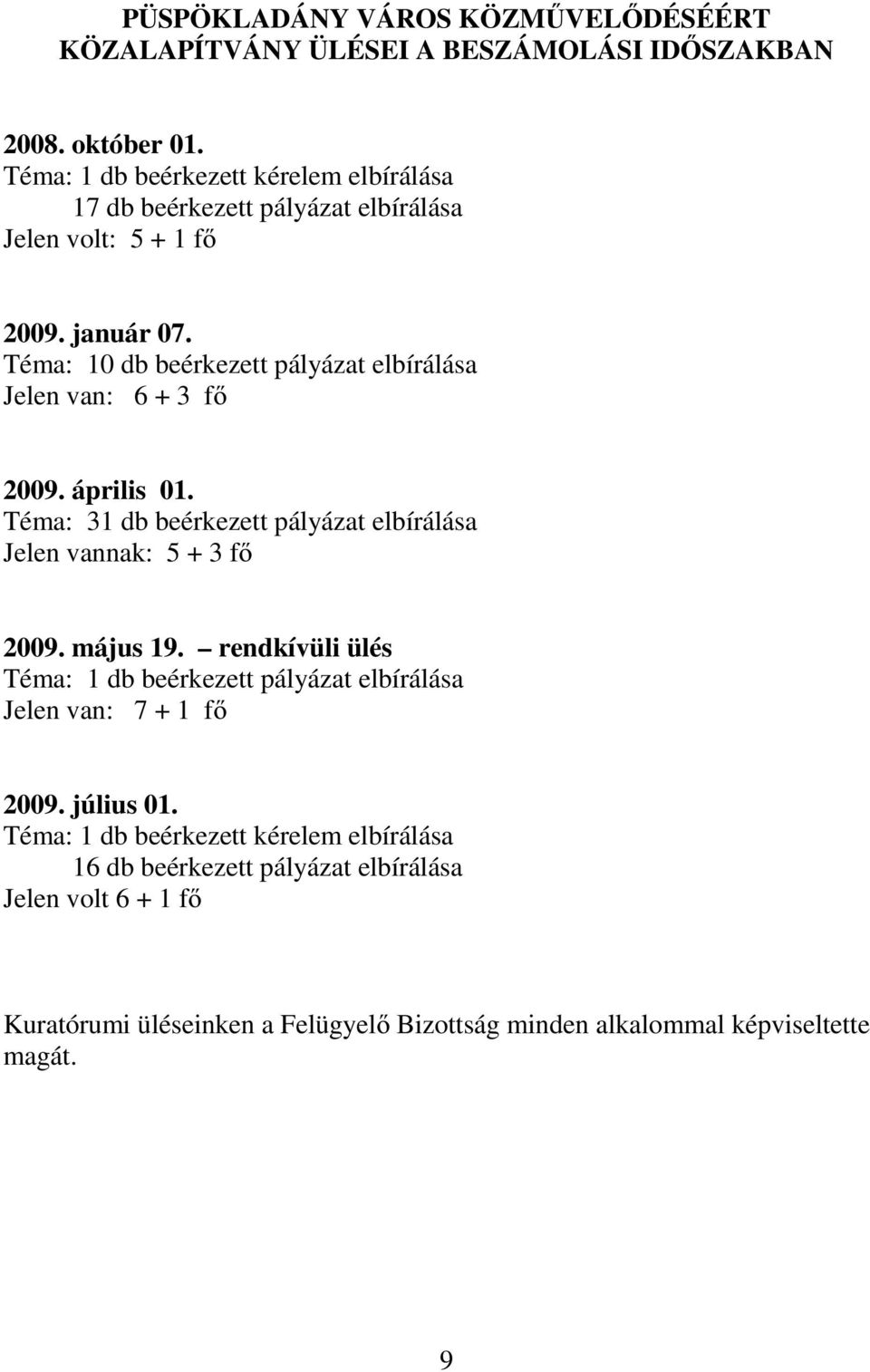 Téma: 10 db beérkezett pályázat elbírálása Jelen van: 6 + 3 fő 2009. április 01. Téma: 31 db beérkezett pályázat elbírálása Jelen vannak: 5 + 3 fő 2009. május 19.