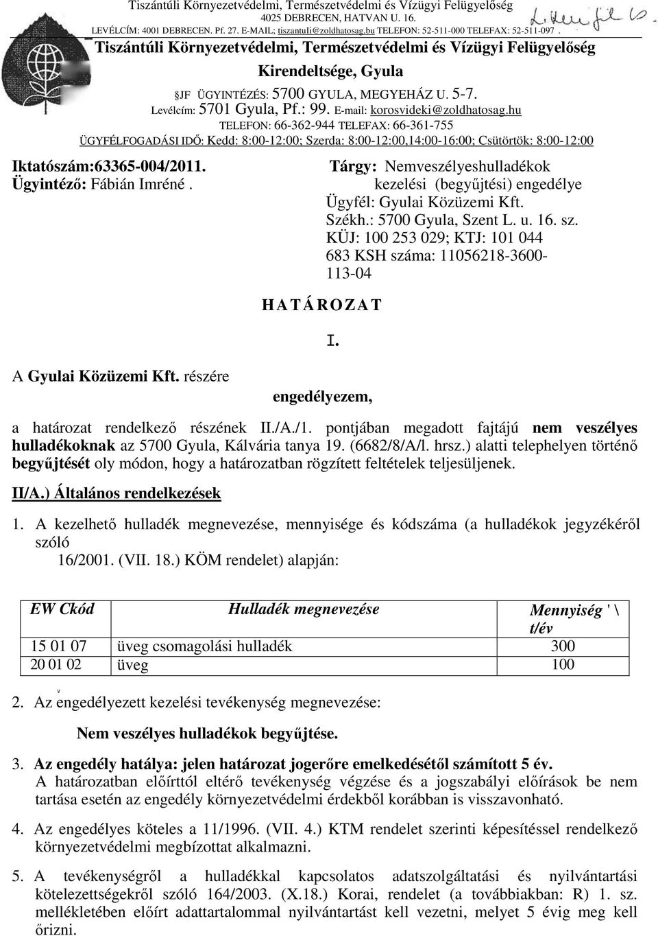 Levélcím: 5701 Gyula, Pf.: 99. E-mail: korosvideki@zoldhatosag.