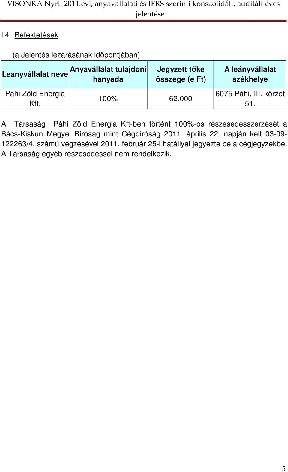 A Társaság Páhi Zöld Energia Kft-ben történt 100%-os részesedésszerzését a Bács-Kiskun Megyei Bíróság mint Cégbíróság 2011.