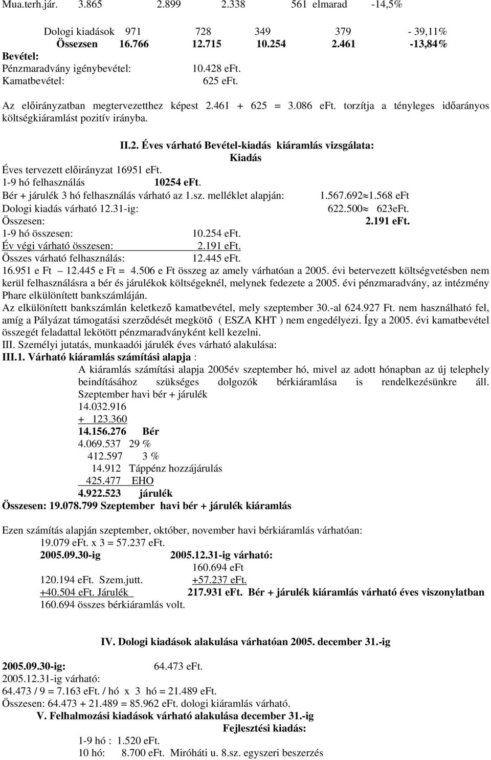 1-9 hó felhasználás 10254 eft. Bér + járulék 3 hó felhasználás várható az 1.sz. melléklet alapján: 1.567.692 1.568 eft Dologi kiadás várható 12.31-ig: 622.500 623eFt. Összesen: 2.191 eft.