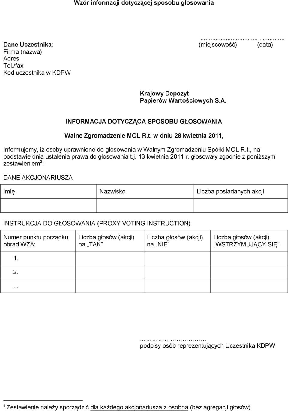 głosowały zgodnie z poniższym zestawieniem 2 : DANE AKCJONARIUSZA Imię Nazwisko Liczba posiadanych akcji INSTRUKCJA DO GŁOSOWANIA (PROXY VOTING INSTRUCTION) Numer punktu porządku obrad WZA: Liczba