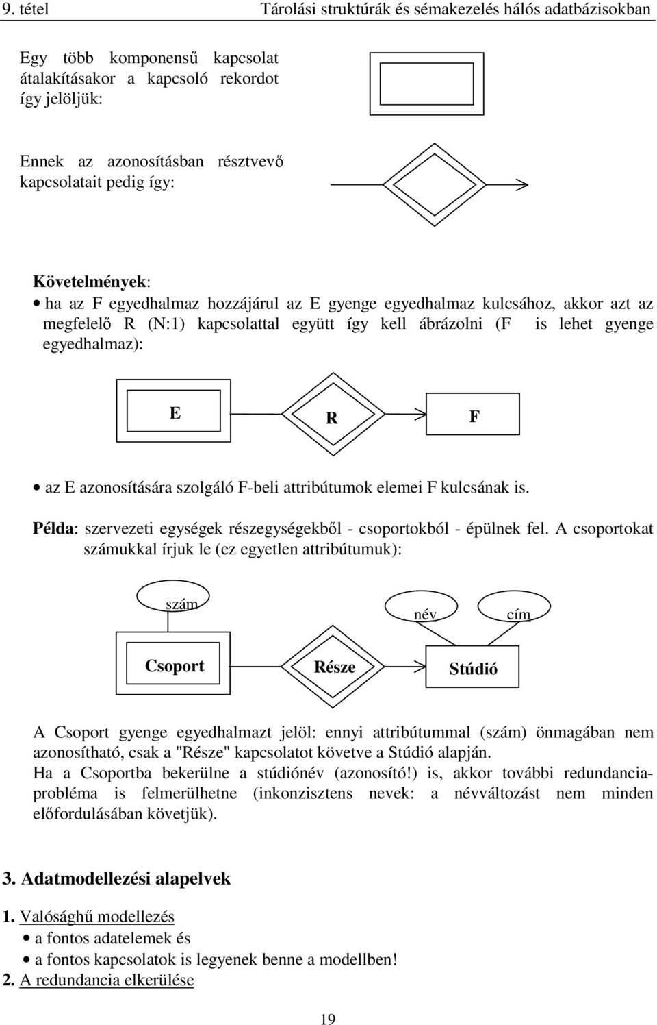 azonosítására szolgáló F-beli attribútumok elemei F kulcsának is. Példa: szervezeti egységek részegységekbÿl - csoportokból - épülnek fel.